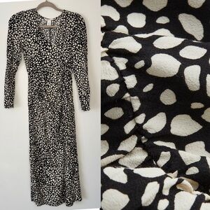 H&M Maxi Dress Animal Print Long Sleeve Slit V Neck Ruched Black Tan Crepe Sz S